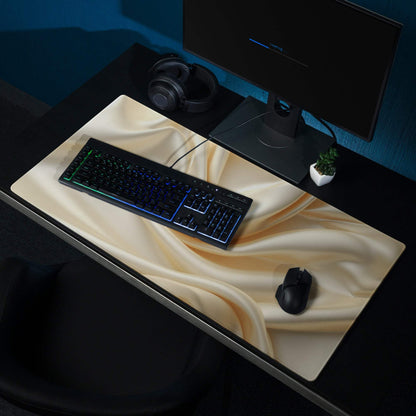 Elegant satin gold gaming mouse pad with cream swirls, non-slip backing