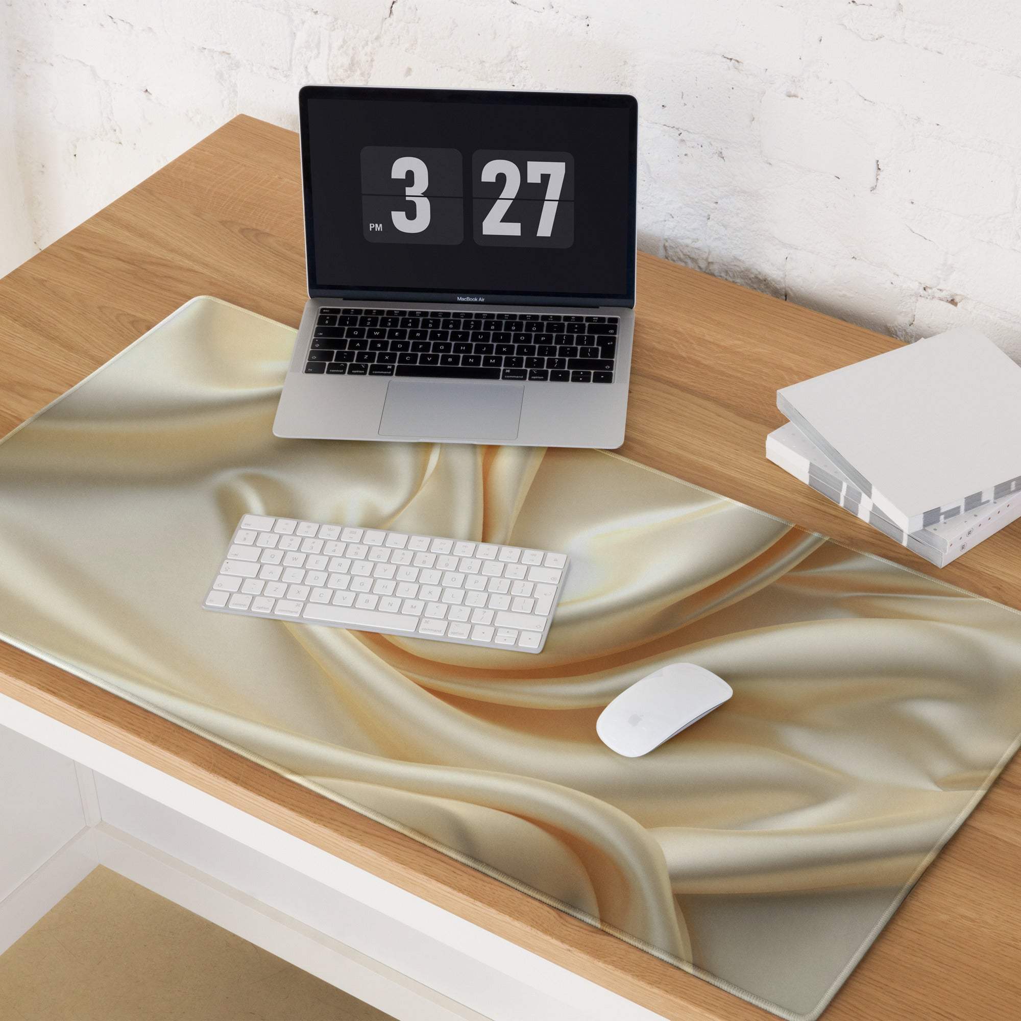 Elegant satin gold gaming mouse pad with swirling patterns, non-slip backing