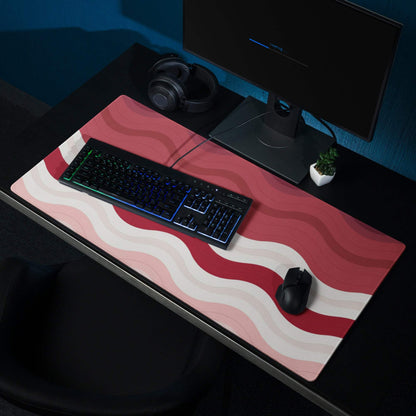Vibrant crimson rose wave gaming mouse pad with red white wavy stripes
