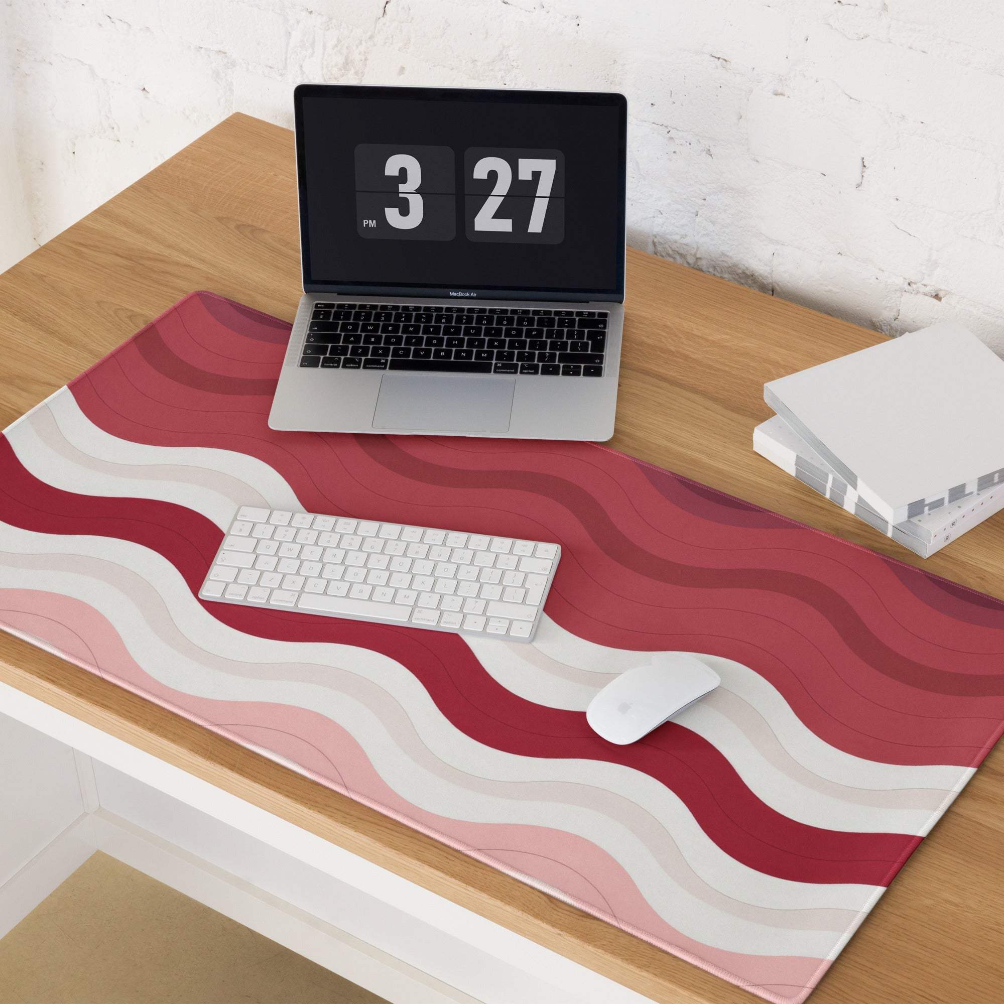 Vibrant crimson rose wave gaming mouse pad with red white wavy stripes