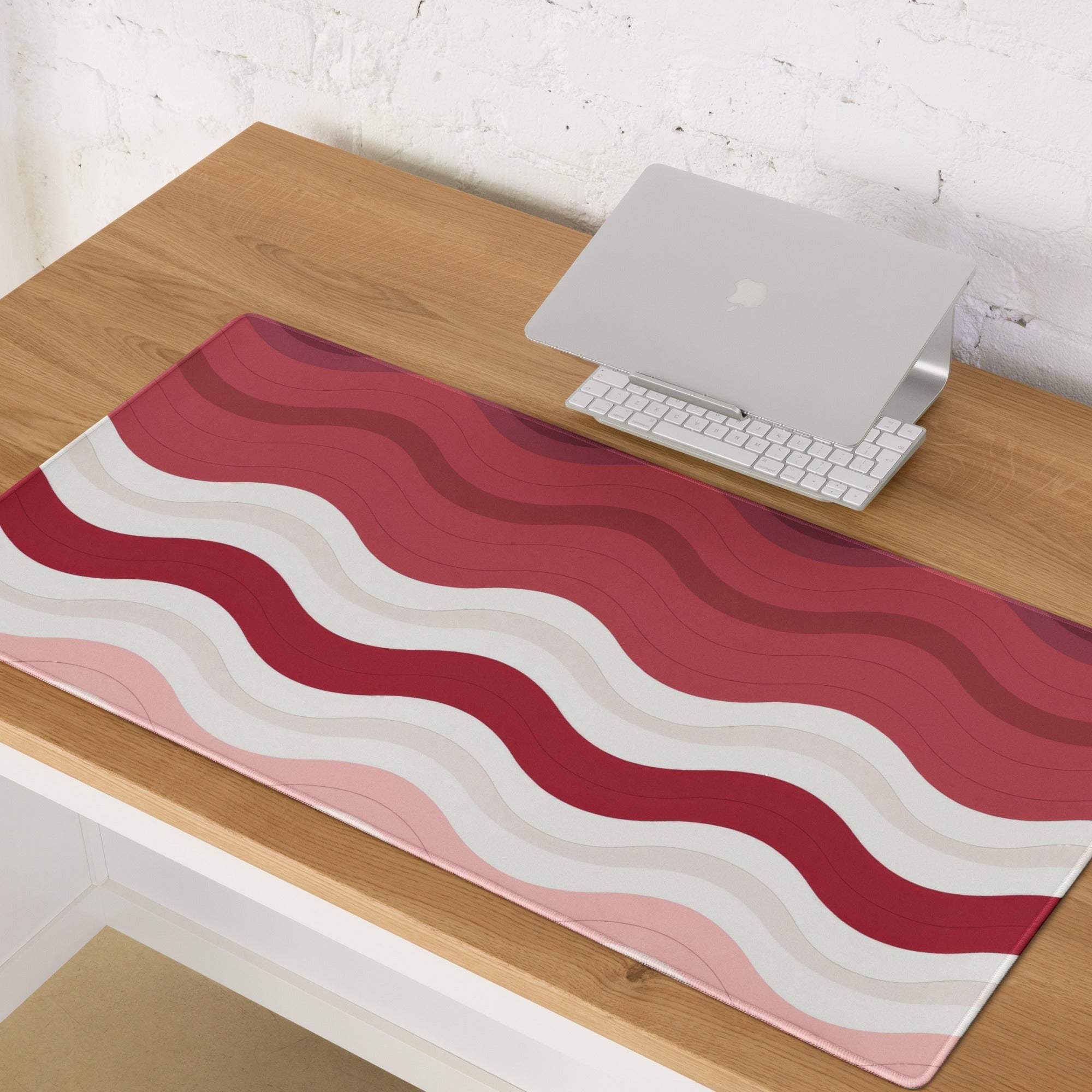 Vibrant crimson rose wave gaming mouse pad with red white wavy stripes
