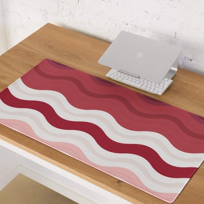 Vibrant crimson rose wave gaming mouse pad with red white wavy stripes
