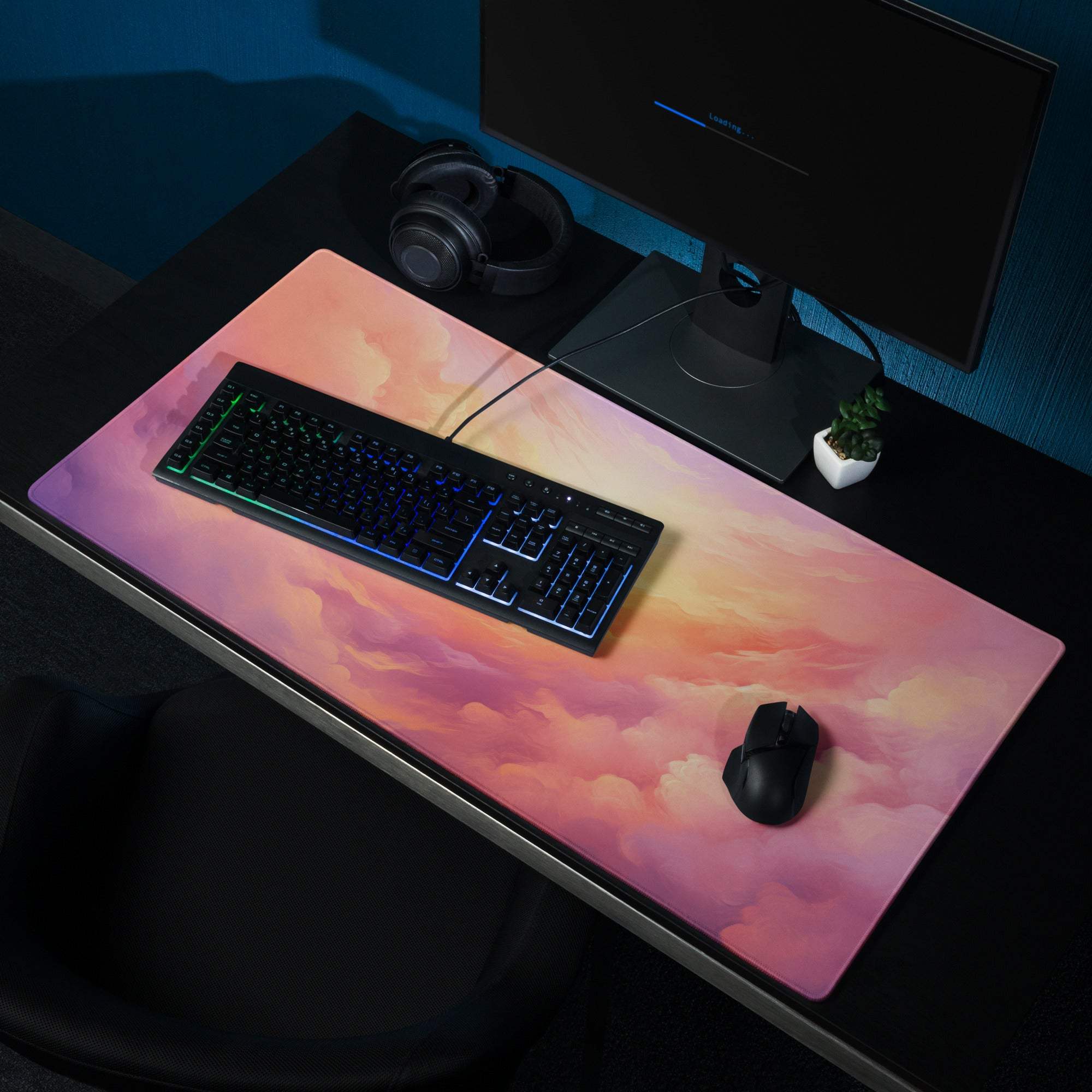 Dreamy Sunrise Cloudscape ultra large gaming mouse pad with pink orange purple gradient clouds