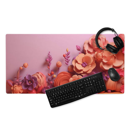 Pink floral gradient gaming mousepad with keyboard and headphones