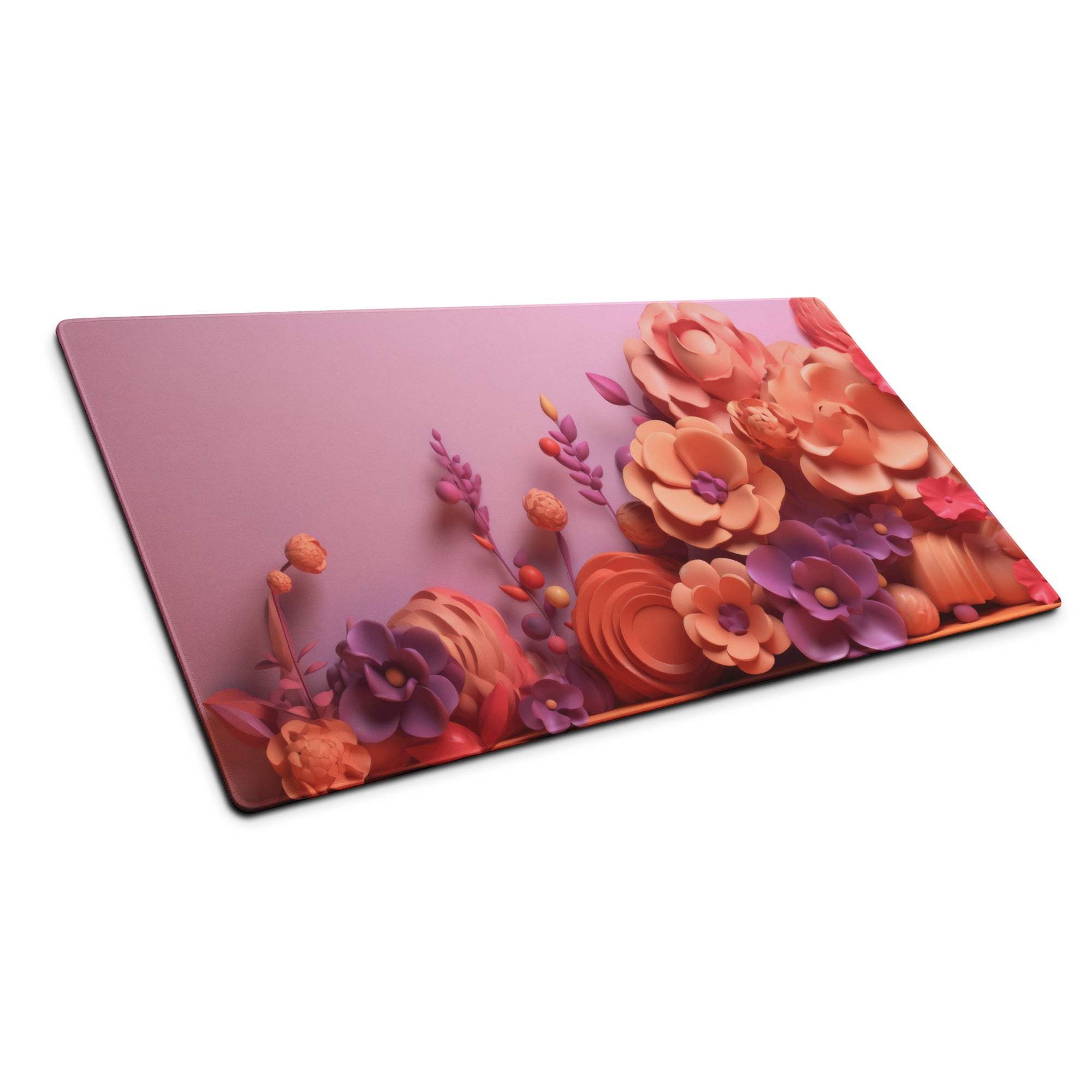 Pink floral cutting board with 3D orange purple blossoms on premium gaming mouse pad