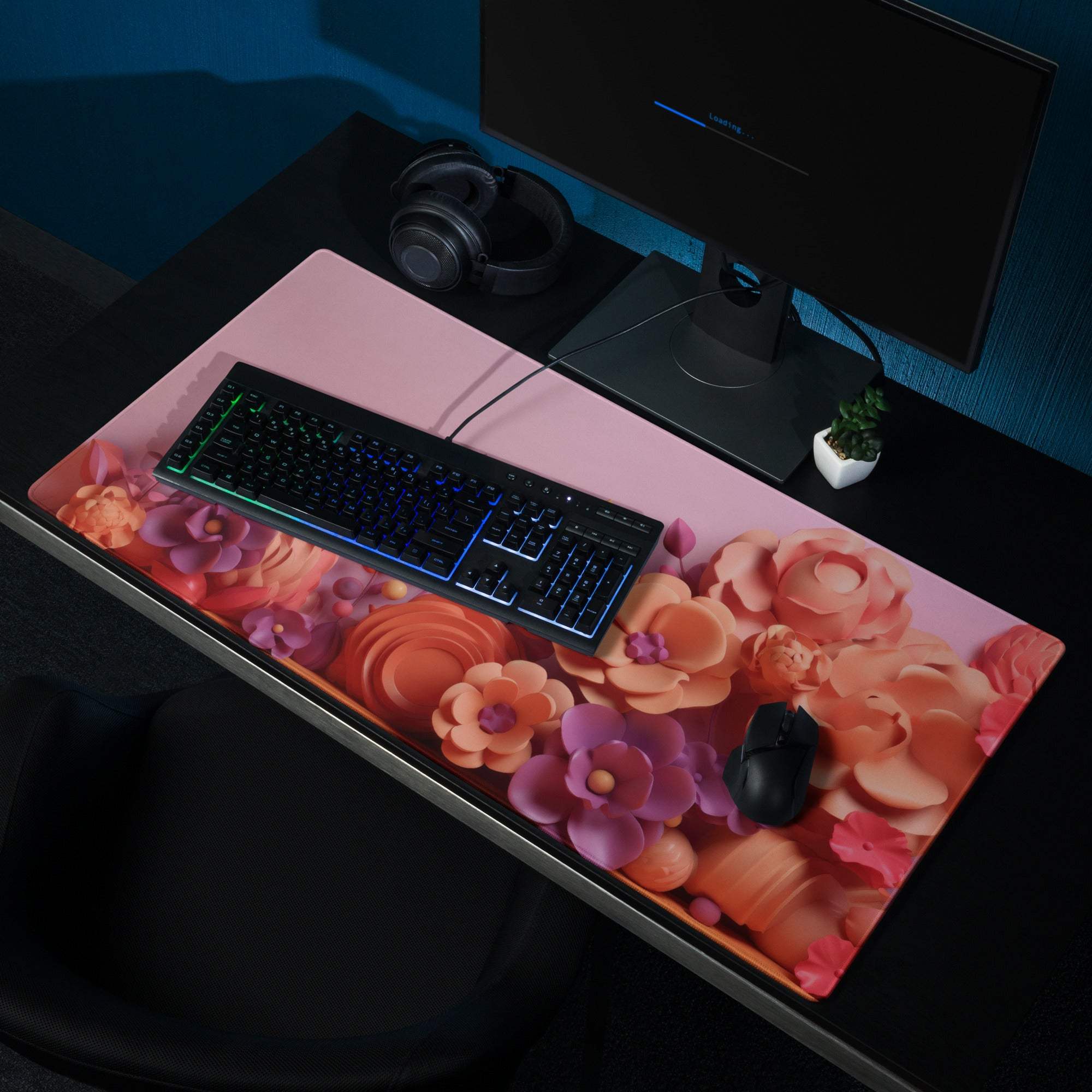 Elegant floral gradient pink purple gaming mouse pad with non-slip surface