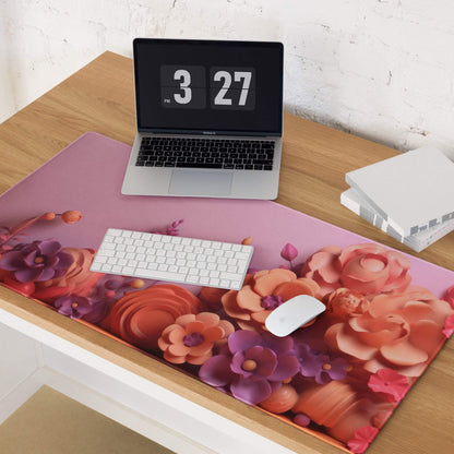 Pink floral gradient mousepad with orange purple blossoms, large non-slip gaming surface