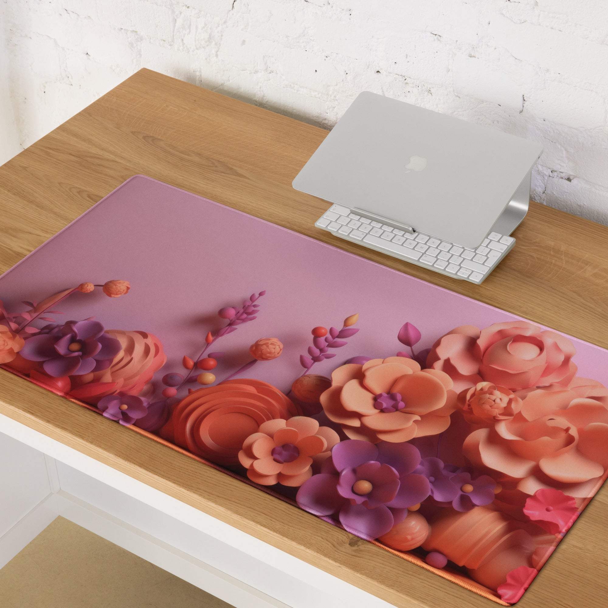 Elegant pink floral gradient mouse pad with purple orange blossoms, non-slip gaming surface