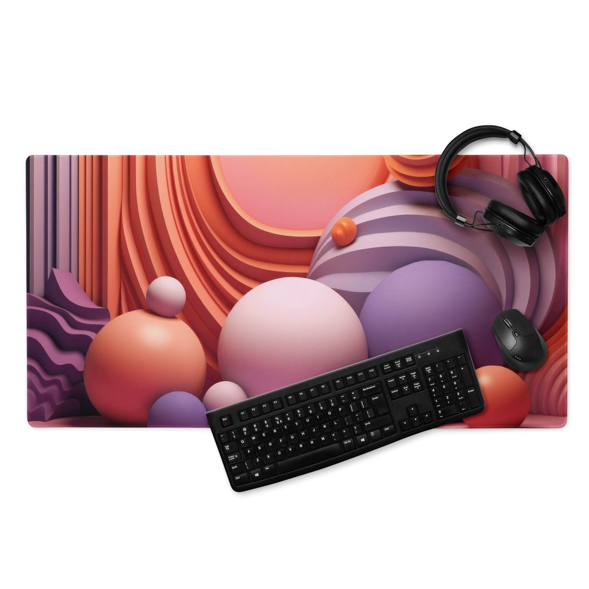 Dreamy abstract spheres gaming mouse pad in sunset pink purple with non-slip base