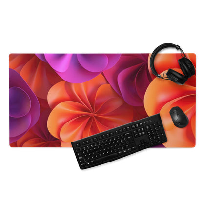 Vibrant abstract floral orange purple gaming mouse pad with large size edge stitching and non-slip base