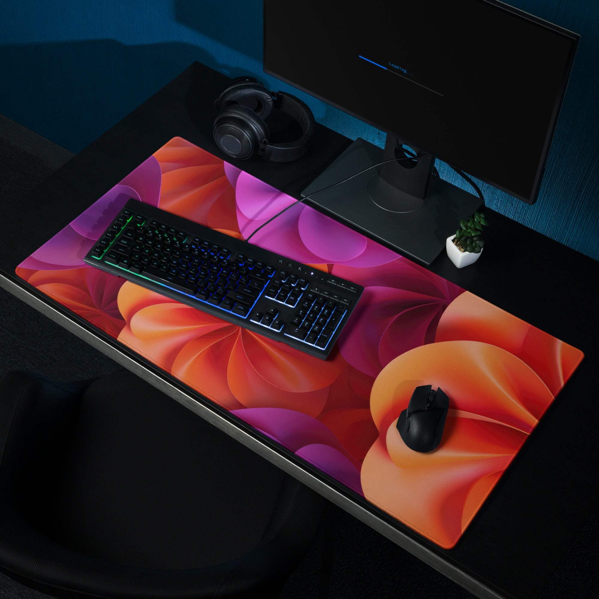 Vibrant abstract floral orange purple gaming mouse pad with large size, edge stitching, non-slip base