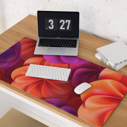 Vibrant abstract floral orange purple gaming mouse pad with edge stitching