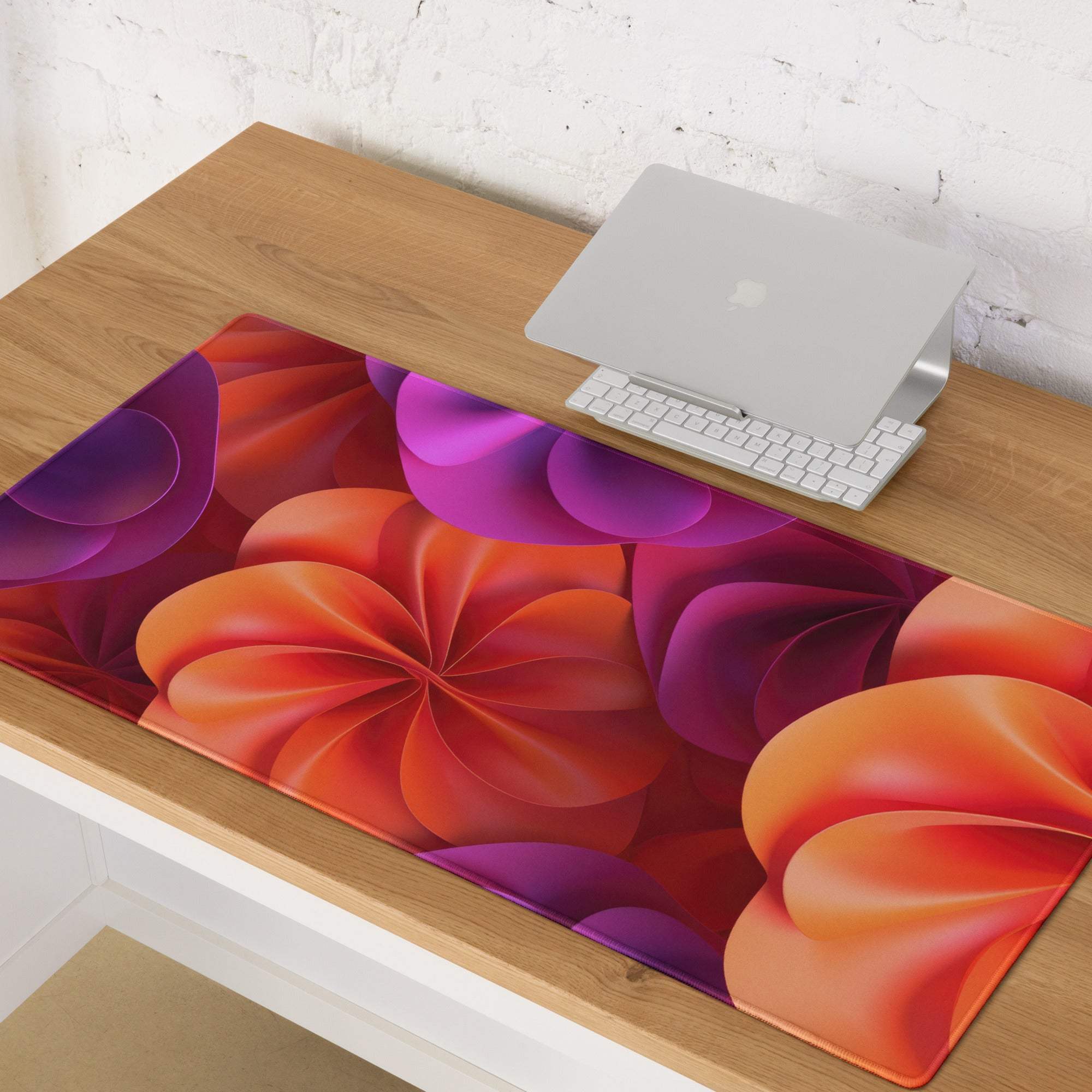 Vibrant abstract floral orange purple gaming mouse pad with edge stitching