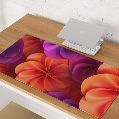 Vibrant abstract floral orange purple gaming mouse pad with edge stitching