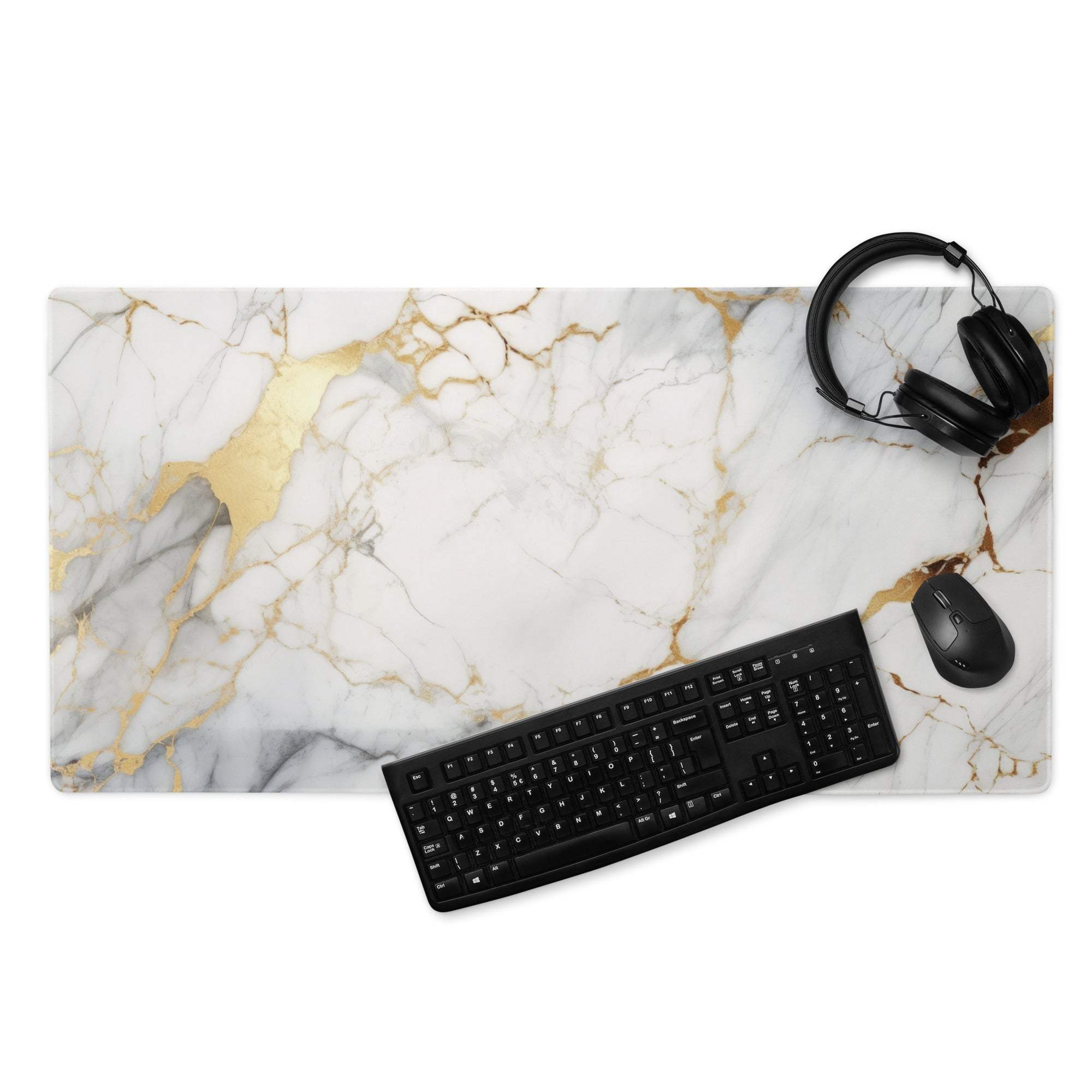 Large Lux Marble gaming mouse pad with white gold vein design and non-slip base