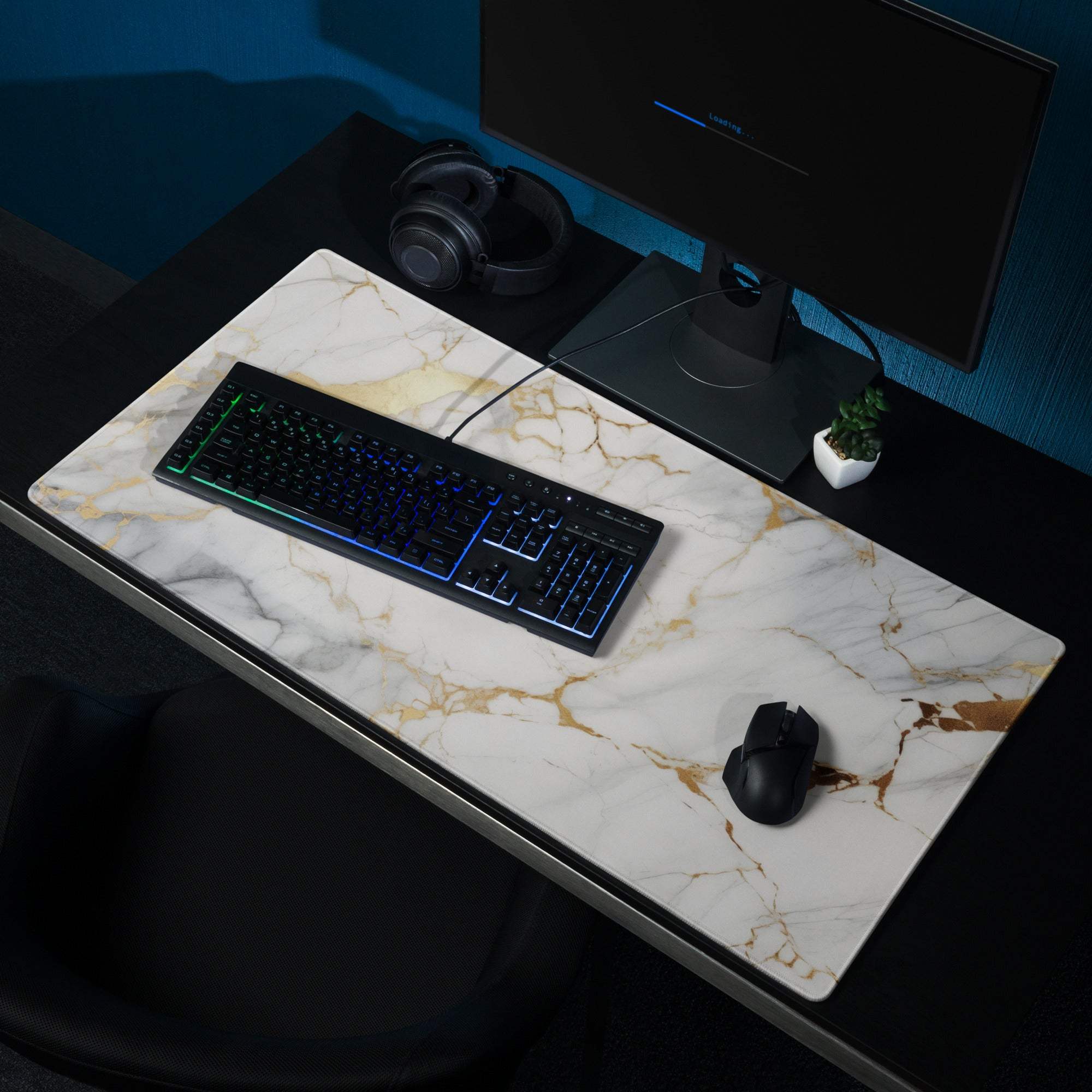 White marble gaming mouse pad with gold veins and non-slip base