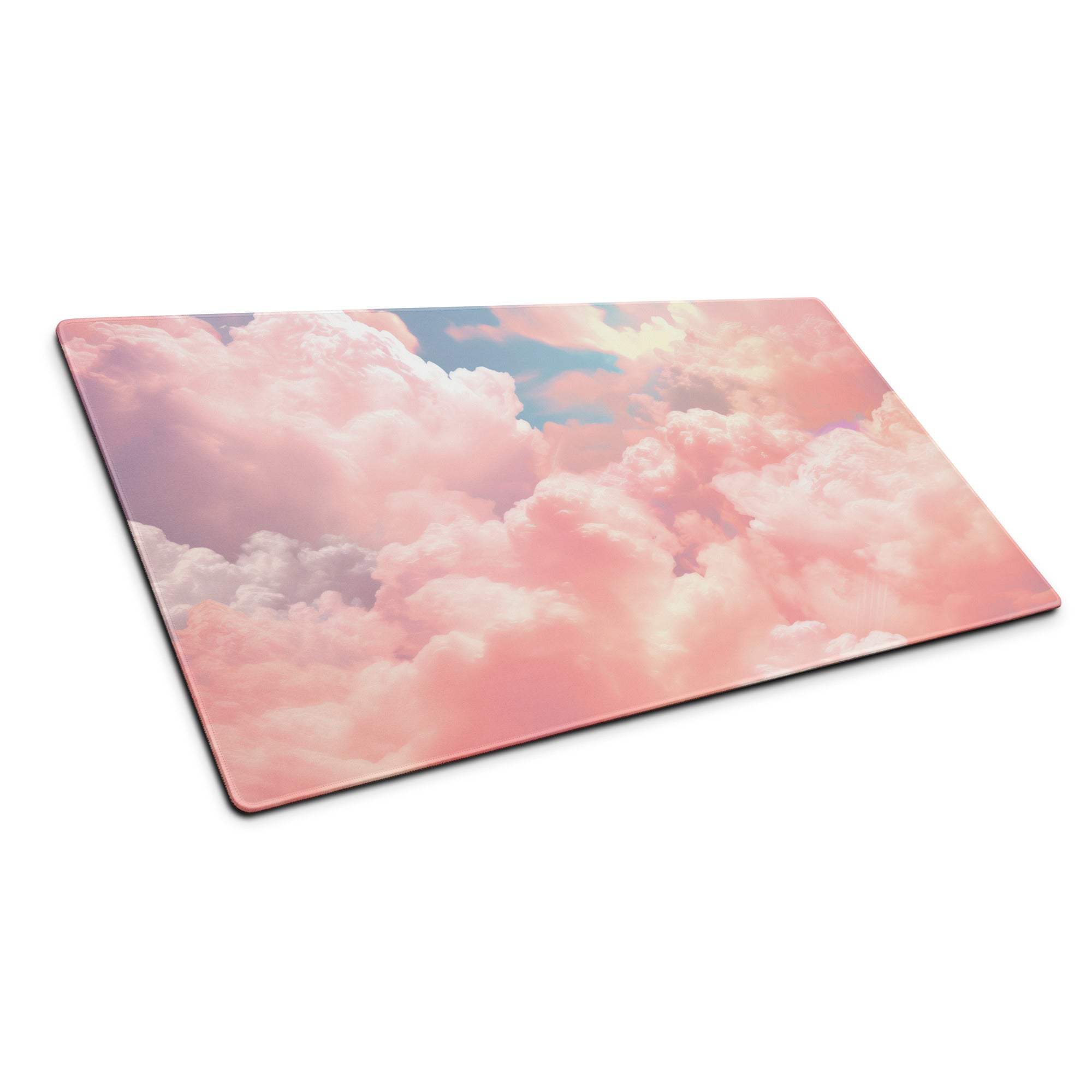 Dreamy pink cloud gaming mouse pad with pastel gradient sky, stitched edges, non-slip base