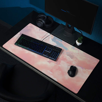 Dreamy pink cloud gaming mouse pad with stitched edges and non-slip base