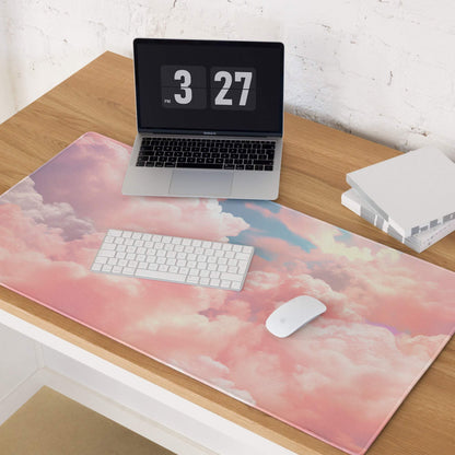 Pink and blue cloud gaming mousepad with stitched edges, non-slip base