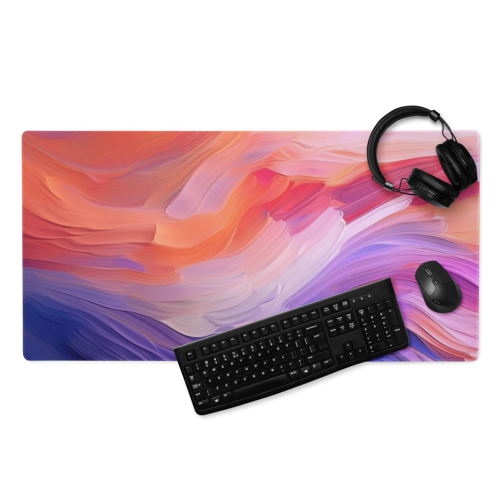 Vibrant abstract swirl gaming mouse pad in pink orange purple blue for Dota CSGO pros, non-slip base