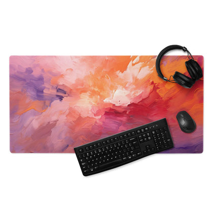 Vibrant abstract sunset gaming mouse pad in pink orange purple with non-slip backing