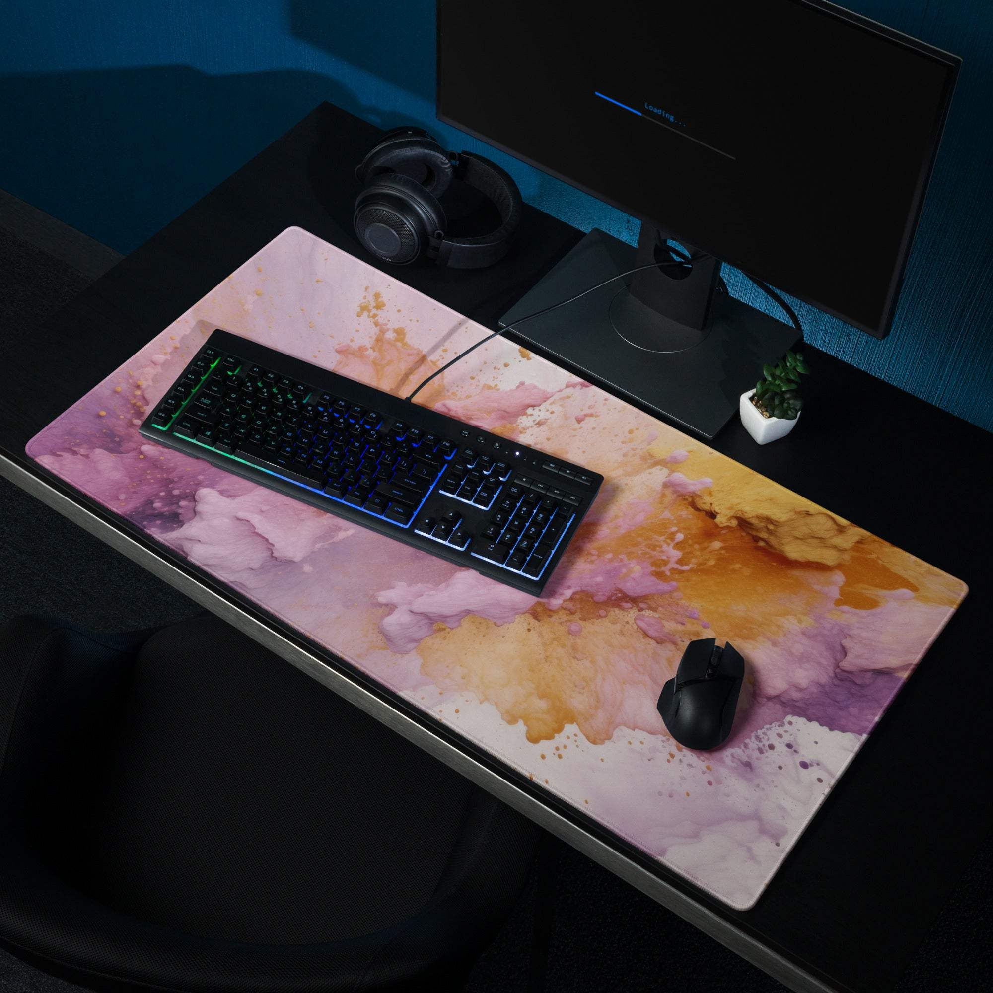 Premium pink purple orange marbled large gaming mouse pad with stitched edges
