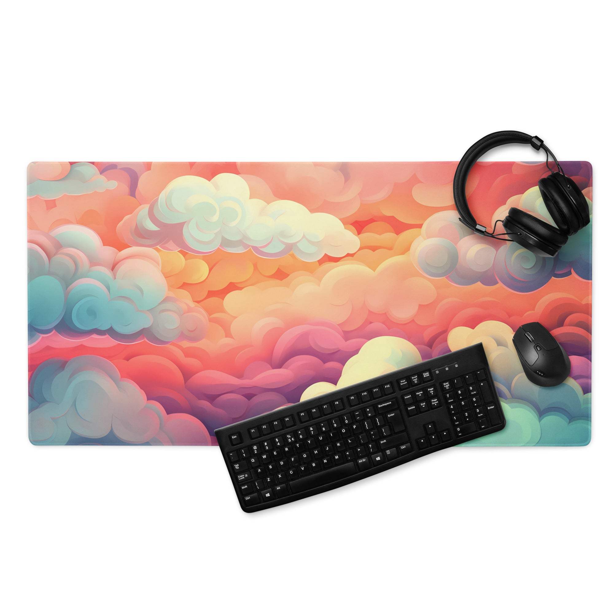 Dreamy cloudscape gaming mousepad with vibrant pastel sunrise clouds