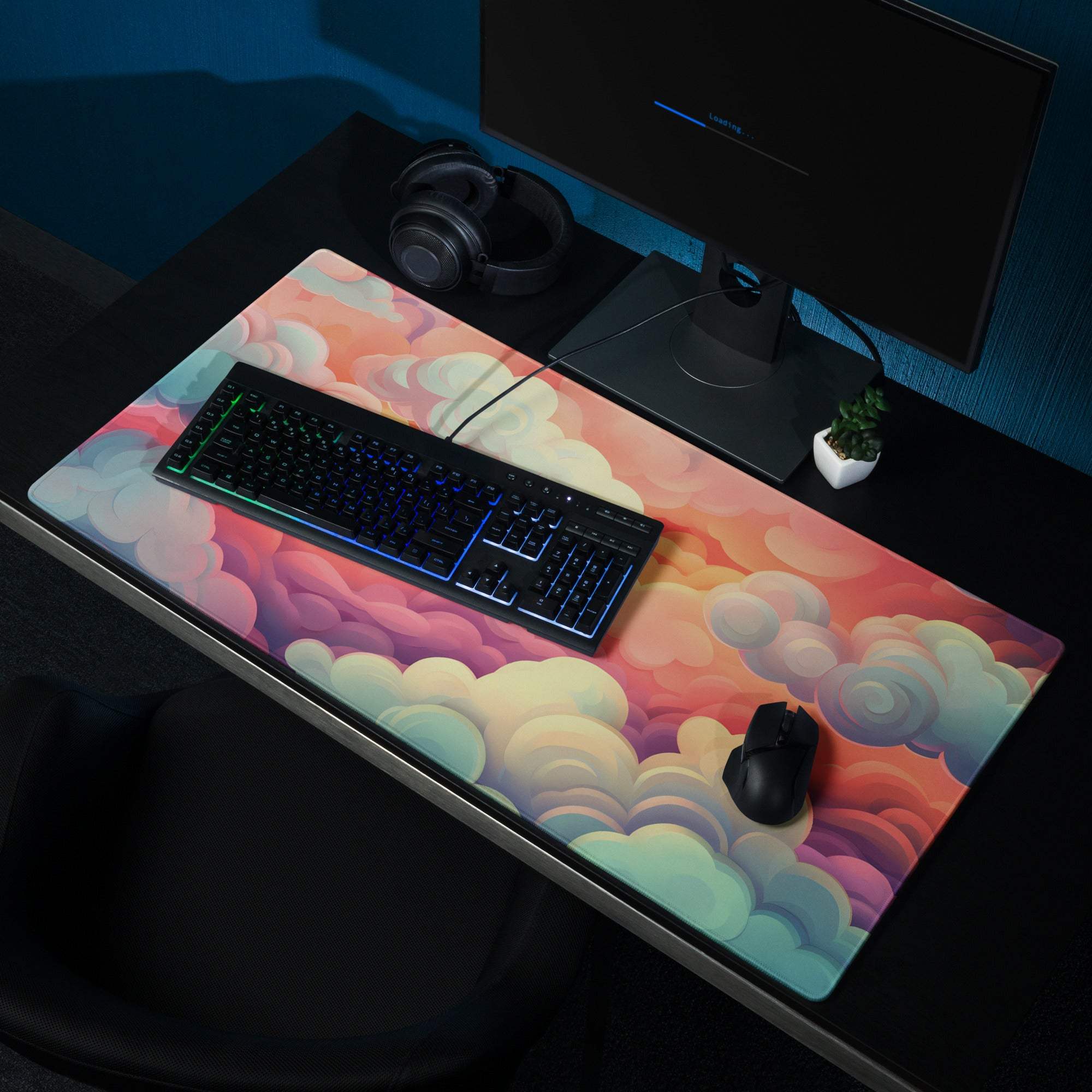 Vibrant dreamy cloudscape gaming mouse pad in pink orange teal rainbow hues