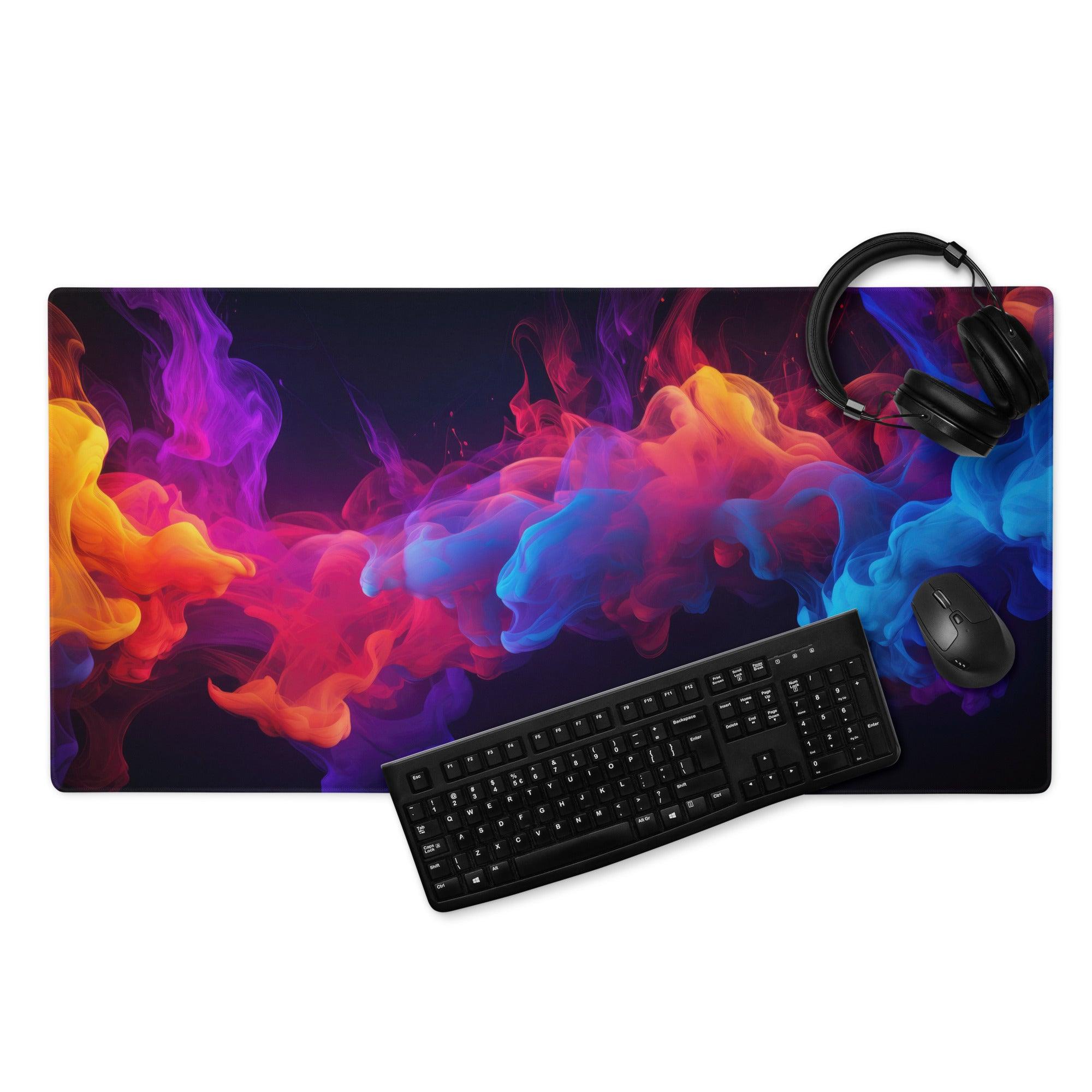 Vibrant abstract smoke art rainbow swirl gaming mouse pad in purple orange blue red