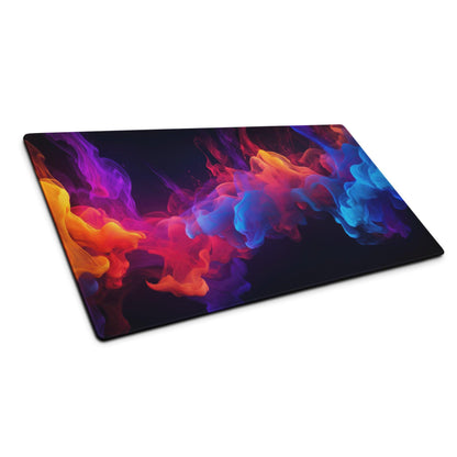 Vibrant abstract smoke art swirl gaming mouse pad in orange blue purple