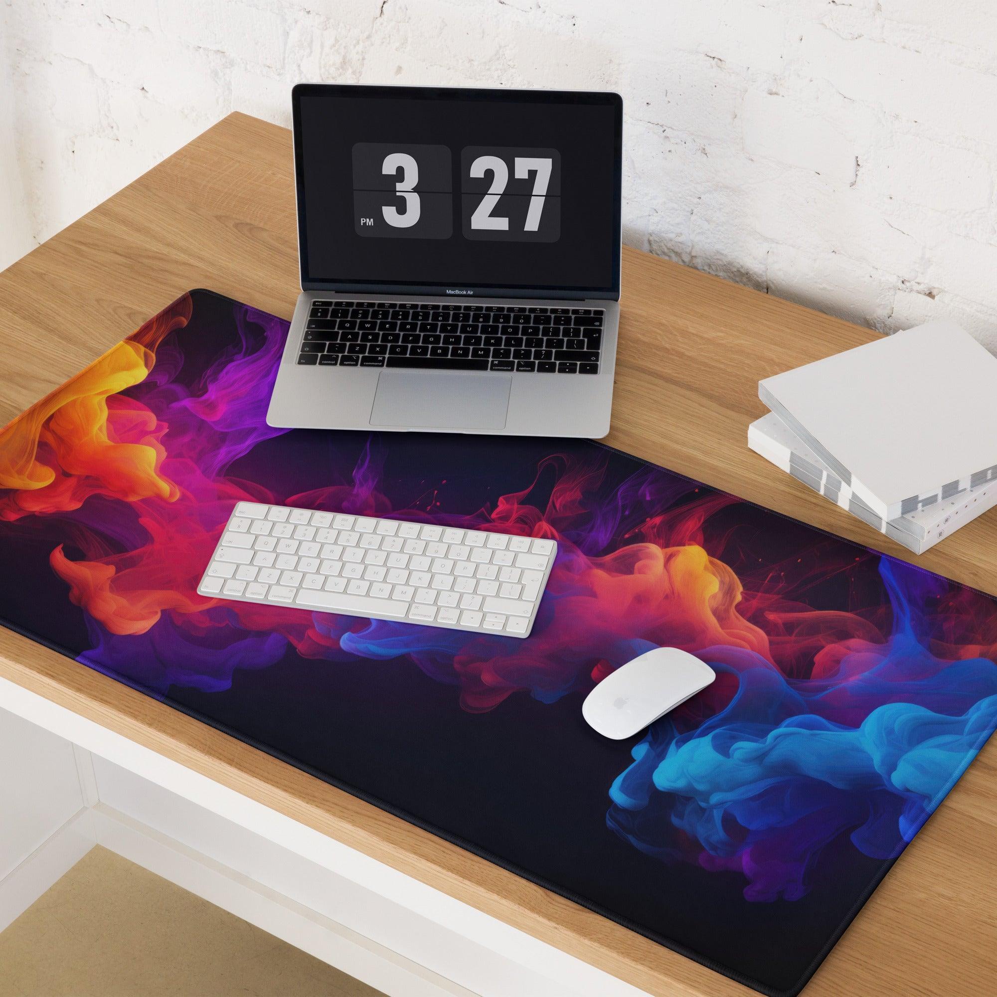 Vibrant nebula smoke art gaming mouse pad in orange purple blue swirls