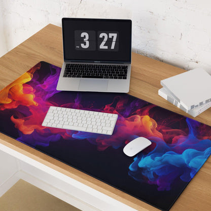 Vibrant nebula smoke art gaming mouse pad in orange purple blue swirls