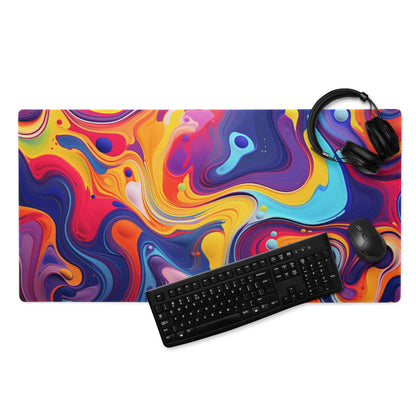 Vibrant abstract swirl gaming mouse pad with non-slip base, keyboard, and mouse