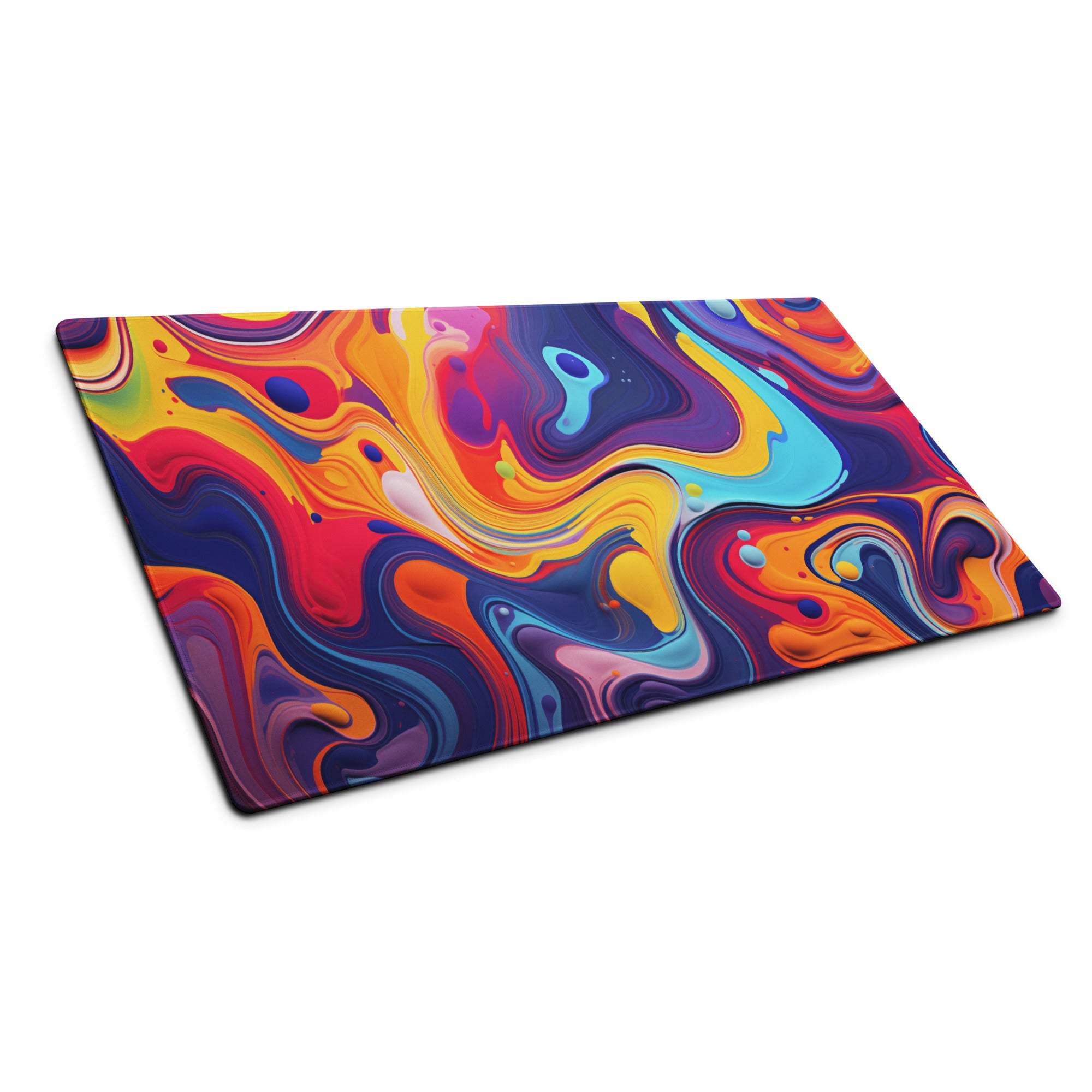 Vibrant abstract swirl gaming mouse pad with orange red blue purple patterns non-slip base stitched edges