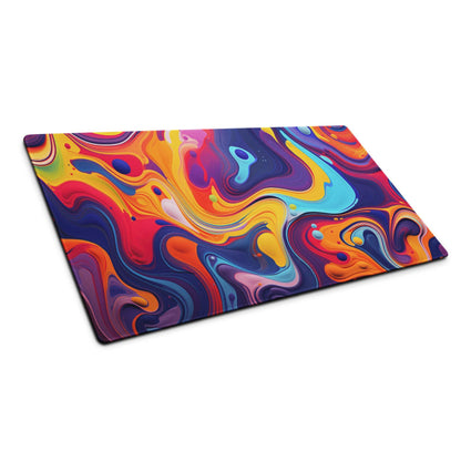 Vibrant abstract swirl gaming mouse pad with orange red blue purple patterns non-slip base stitched edges