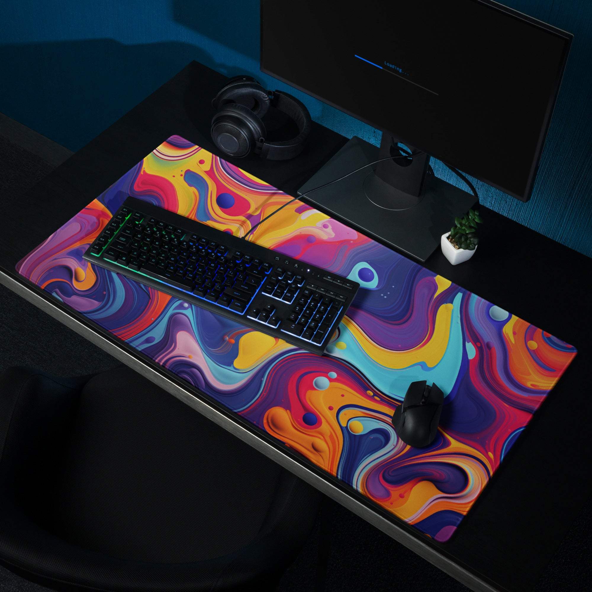 Vibrant abstract swirl gaming mouse pad with non-slip base and stitched edges