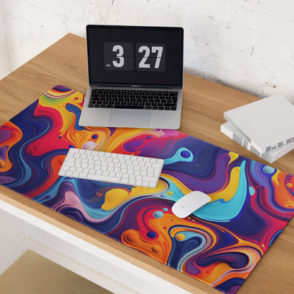 Vibrant abstract swirl gaming mouse pad in purple blue orange yellow with non-slip base