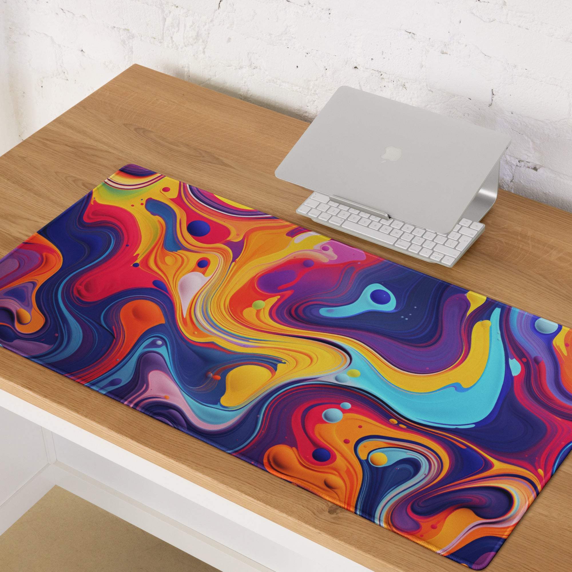 Vibrant abstract swirl large gaming mouse pad in bold red orange yellow blue purple
