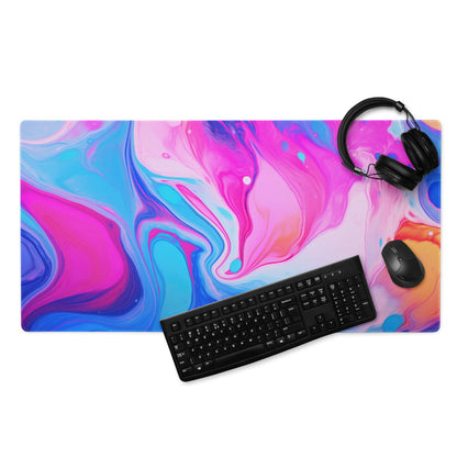 Vibrant pink blue marbled glossy ultra wide gaming mousepad