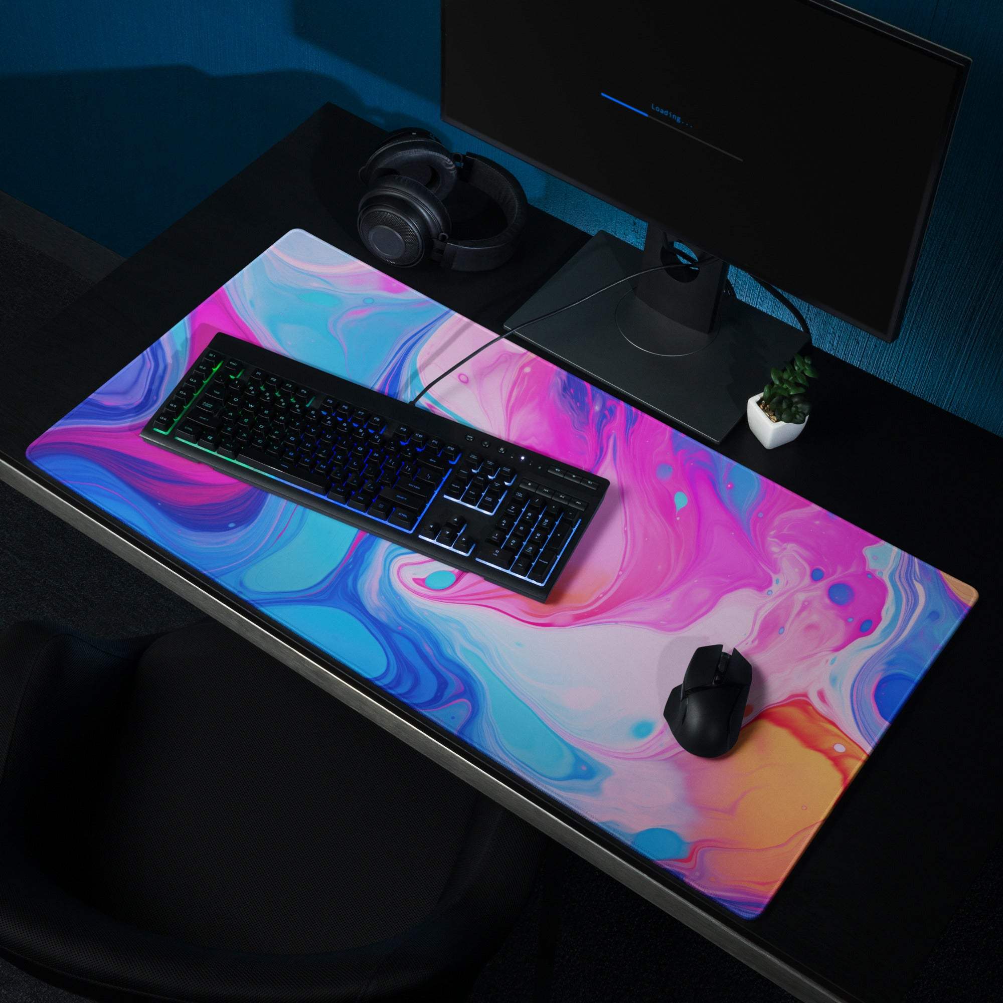 Vibrant pink blue orange marble swirl ultra wide gaming mouse pad