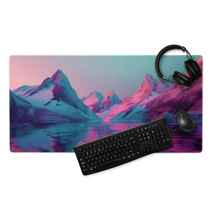 Neon pink purple mountain landscape gaming mouse pad, large non-slip stitched