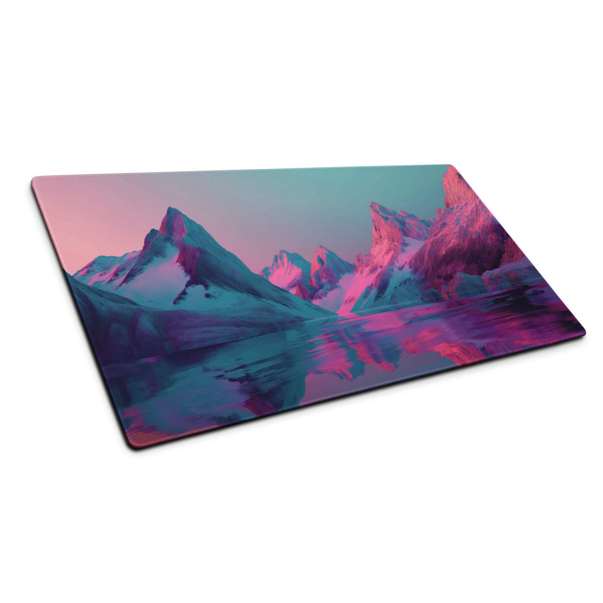 Neon pink purple mountain landscape gaming mouse pad, large non-slip stitched base