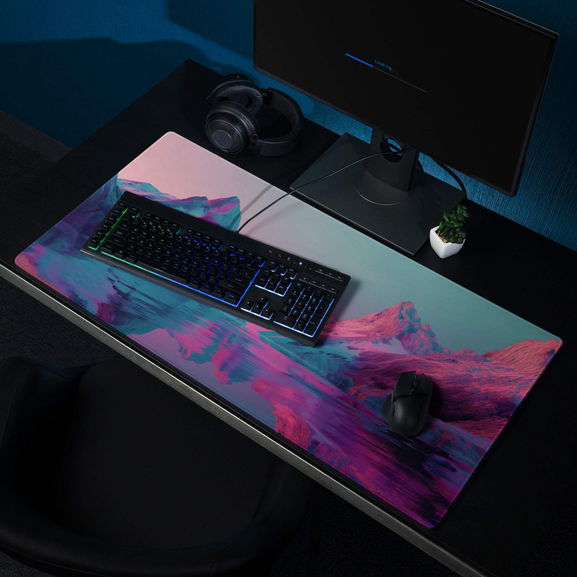 Vibrant neon pink purple mountain landscape gaming mouse pad, large non-slip stitched
