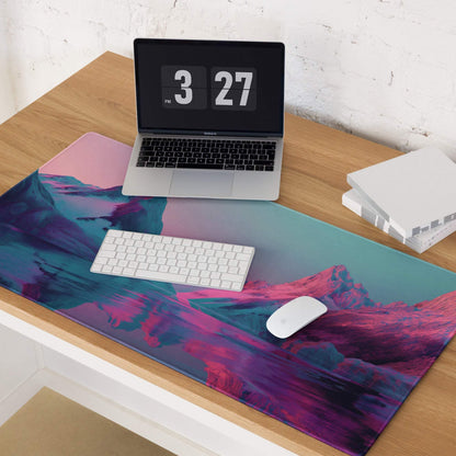 Vibrant neon pink purple teal mountain landscape gaming mouse pad