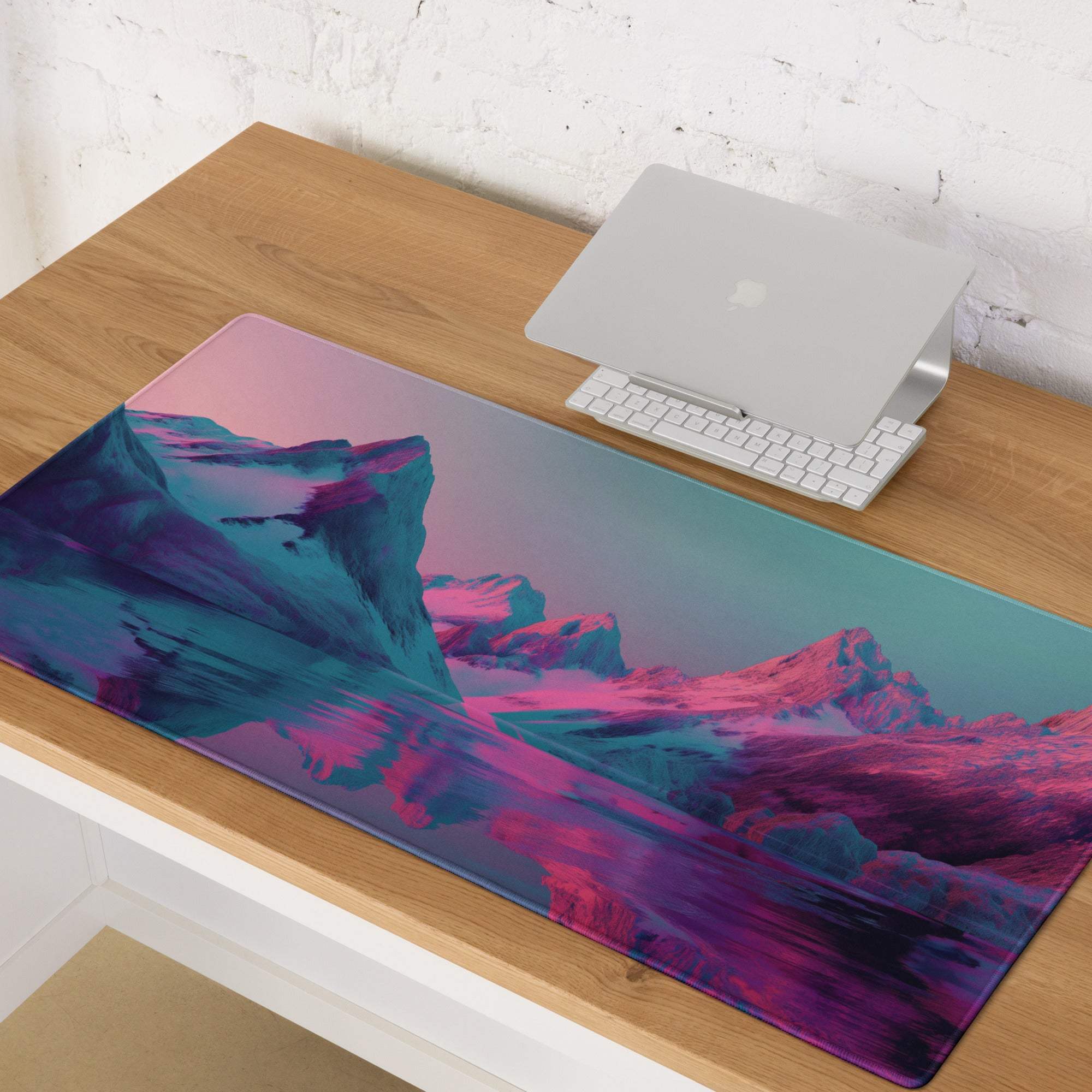 Vibrant teal magenta mountain landscape gaming mouse pad, large non-slip stitched