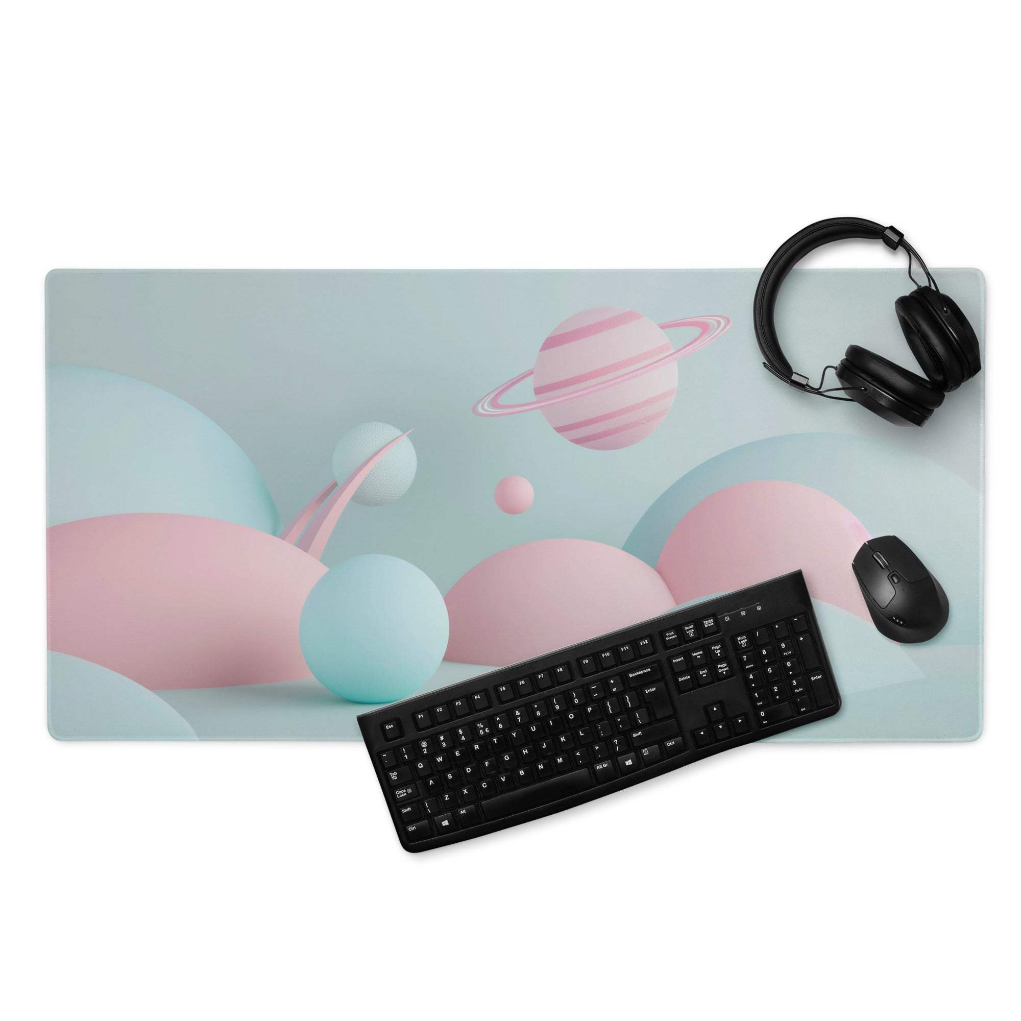 Pastel planet scene gaming mouse pad with pink blue planets non-slip base stitching