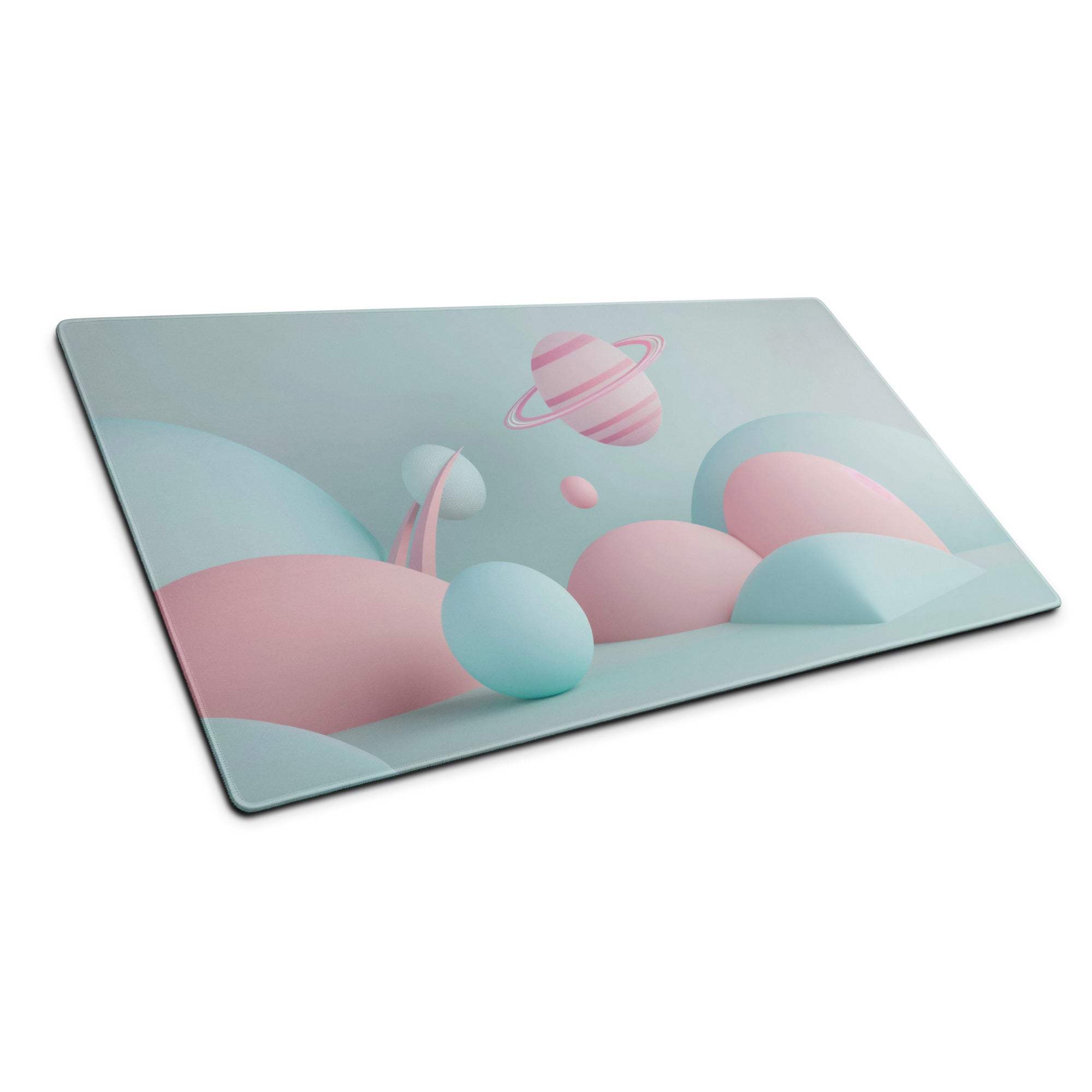 Pastel planet scene glass cutting board in pink mint green with non-slip base