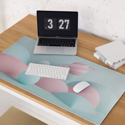 Pastel planet scene gaming mouse pad with pink blue designs non-slip base stitching
