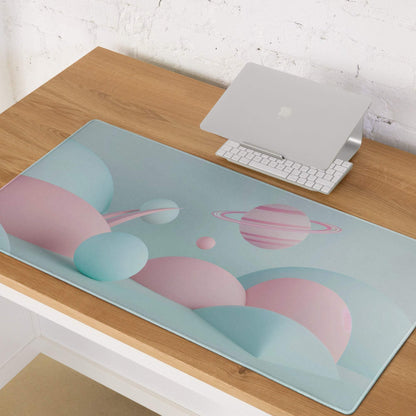 Pastel planet scene large gaming mouse pad with non-slip base and edge stitching