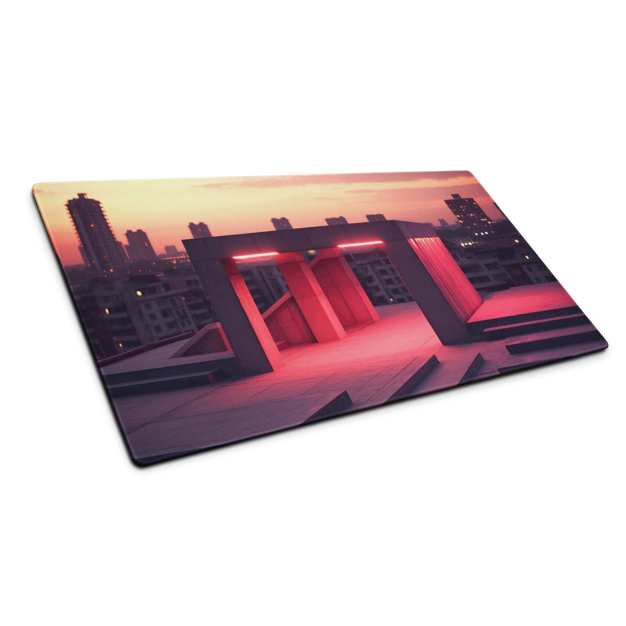Urban neon sunset rooftop gaming mouse pad large with non-slip base